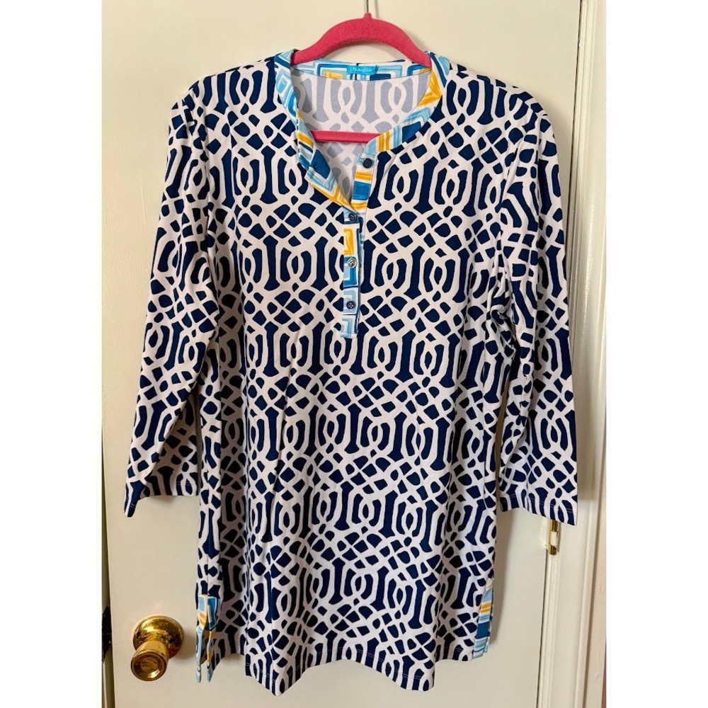 J.‎ McLaughlin Catalina Cloth Tunic Top Navy Blue Geo XL